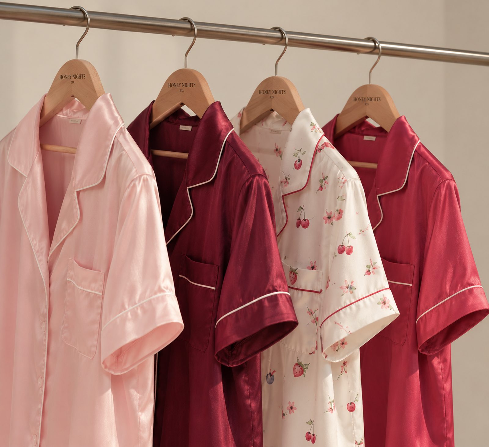 Honey Nights Co. satin pyjamas on wooden hangers